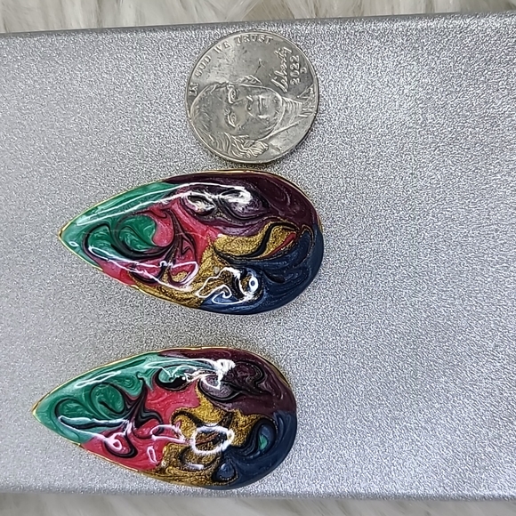 Retro 80's Earrings Pear Shaped Studs Multicolored Marbelized Gold Tone Eclectic - Picture 5 of 5